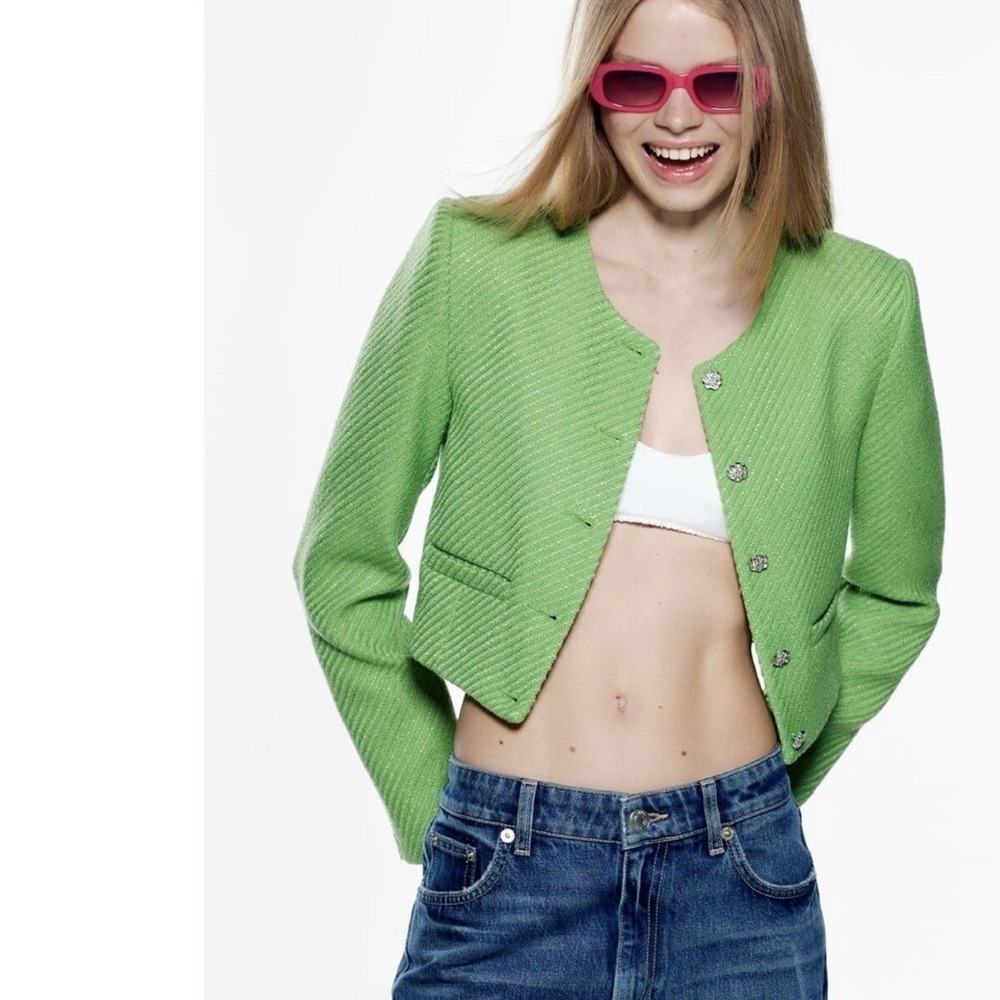 Zara Cropped Blazer Green Size M Textured Rhinestone Flower Buttons